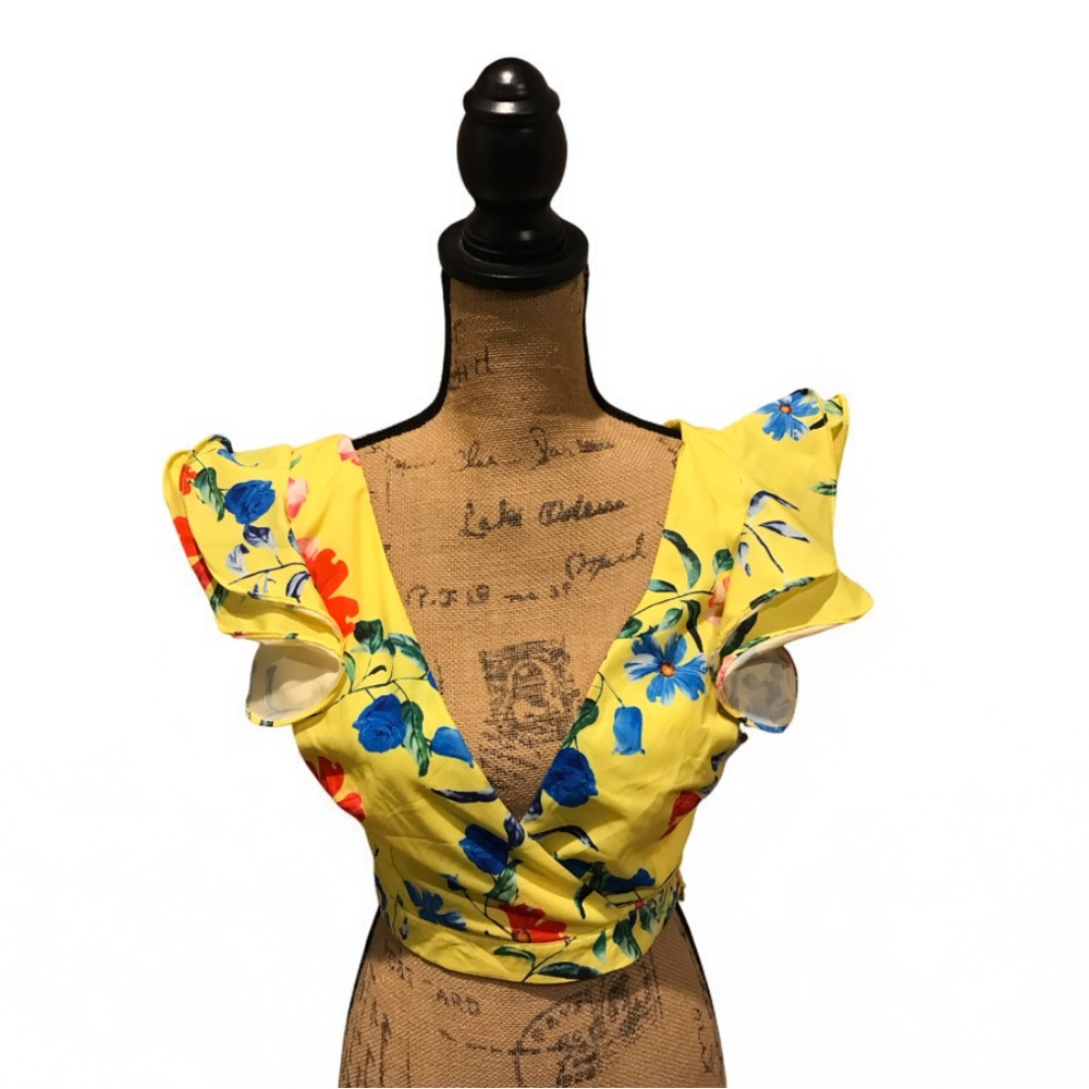 Luxmi Floral Yellow Ruffle Sleeve Top NWOT